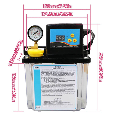 Front view of 2L CNC Lubrication Pump Kit with Electromagnetic Automatic Oil Pump System for CNC Machine Tools, dimensions labeled