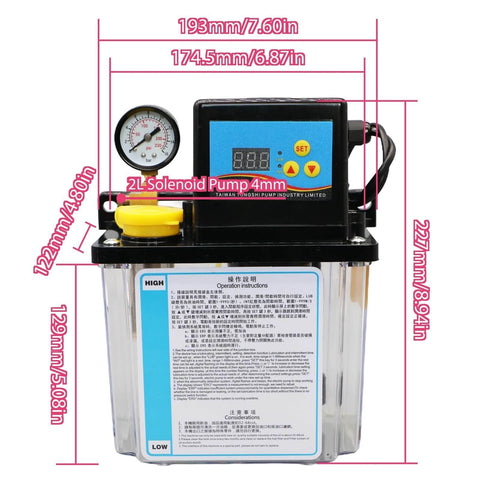 2L CNC Lubrication Pump Kit With Electromagnetic Automatic Oil Pump System showing dimensions and control panel