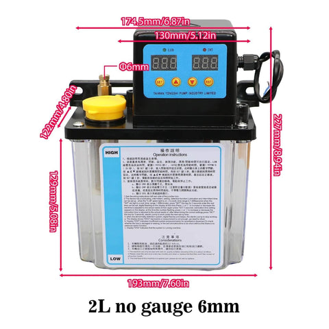 2L CNC lubrication pump system kit with AC220V or AC110V, 6mm fittings, front view showing measurements and digital display.