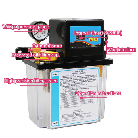 Front view of 2L CNC Lubrication Pump Kit with 4mm and 6mm fittings, electromagnetic pump, visible pressure gauge, wiring, and instructions.