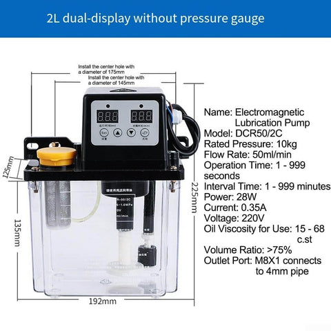 Automatic Lubricating Oil Pump With Alloy Gear Pump for CNC Machines 2L capacity, 110V electronic display, transparent black reservoir.