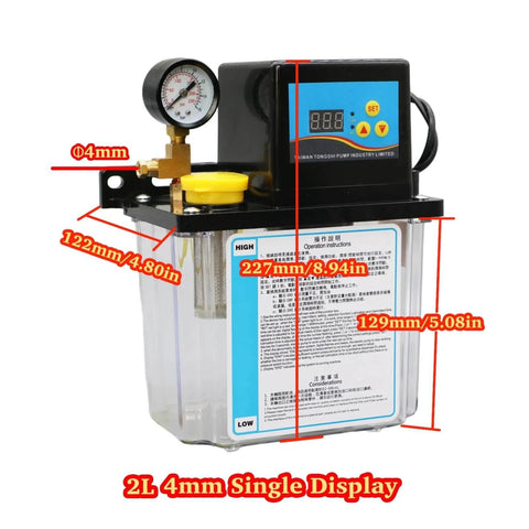 Automatic Electric CNC Oil Lubrication Pump System with 2L capacity and 4mm feed line, showing digital display and measurements.