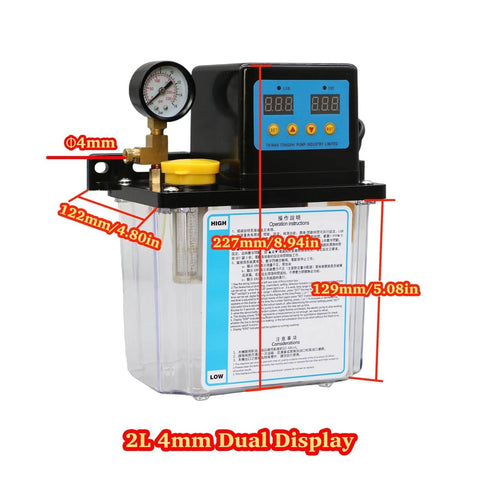 2L Automatic Lubrication Pump For CNC Machine Tools, Dual Display System, visible dimensions in mm and inches, clear casing