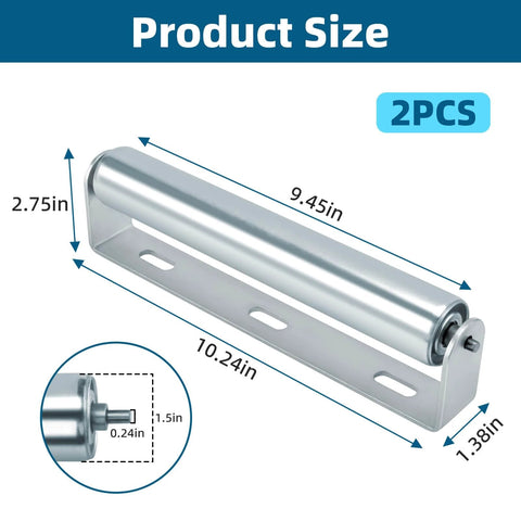 2 Pack Conveyor Long Roller and Bracket Set 10-inch, 1.5-inch Diameter Galvanized Steel Roller with measurements shown