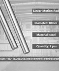 2Pcs 10mm x 100mm Linear Rail Rod Shafts in industrial setting, chrome plated C45 carbon steel for CNC, 3D printers, and automation