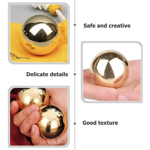 2Pcs Brass Exercise Ball 1.5 Inch Golden Solid Copper Metal Baoding Balls for Hand Therapy Stress Relief, various views.