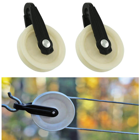 2PCS 2 Inch Nylon Clothesline Pulley, Outdoor Puller Rope Wire Rope Pulley, shown in pair and installed outdoors