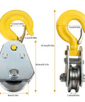 Front and side view of 2Ton Pulley Hook Heavy Duty Pulley Lifting Block Hoist with Hook for 5/8" Wire Rope Snatch Block 1Pack.