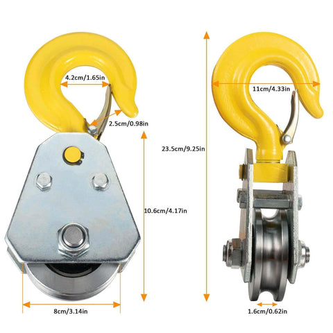 Front and side view of 2Ton Pulley Hook Heavy Duty Pulley Lifting Block Hoist with Hook for 5/8" Wire Rope Snatch Block 1Pack.
