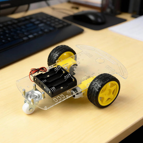 2WD Robot Car Chassis Kit With TT Motors Battery Box Acrylic Chassis And Two Wheels For DIY Projects on a desk