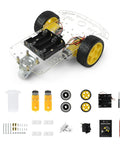 2WD Robot Car Chassis Kit With TT Motors Battery Box Acrylic Chassis And Two Wheels For DIY Projects components displayed