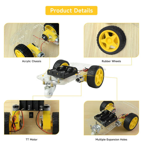 2WD Robot Car Chassis Kit with TT Motors, battery box, acrylic chassis, two wheels for DIY projects, Arduino and Raspberry Pi experiments.