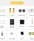 Package contents of 2WD Robot Car Chassis Kit with TT Motors Battery Box Acrylic Chassis and Two Wheels for DIY Projects