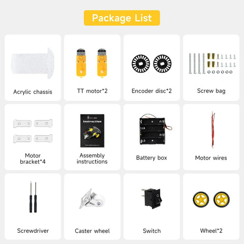 Package contents of 2WD Robot Car Chassis Kit with TT Motors Battery Box Acrylic Chassis and Two Wheels for DIY Projects
