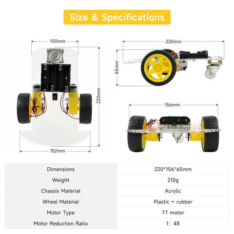 Dimensions and specifications of 2WD Robot Car Chassis Kit With TT Motors Battery Box Acrylic Chassis And Two Wheels For DIY Projects.