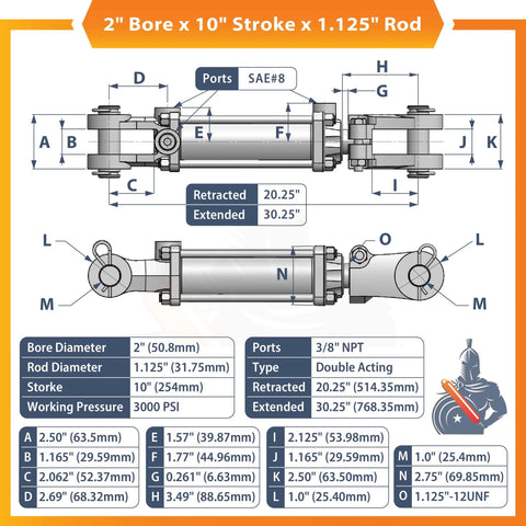 Technical diagram of 2x10 Hydraulic Cylinder - 2 Bore 10 Stroke Double Acting Tie Rod Hydraulic Cylinder, SAE#8 Port, 3000 PSI.
