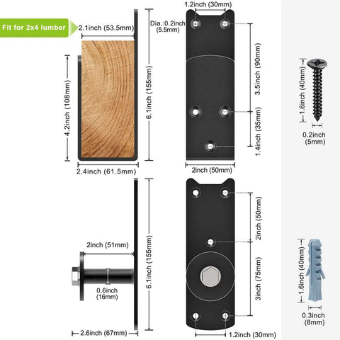 Dimensions and components of Heavy Duty 2x4 Door Barricade Brackets with Rotating Lock, showing size and parts for door reinforcement.