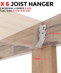 Installation of 2x6 joist hanger on wooden beam, illustrating actual size dimensions; part of 25 Pcs 2x6 Joist Hangers,20 Gauge Metal Face Mount Joist Hangers, Lu26 Joist Hanger Galvanized, Hurricane Ties for Rafter, Rafter Brackets 2x6 for Deck,Floor,Roof Overhang and Ceiling Joist designed for smooth motion and stable alignment in.