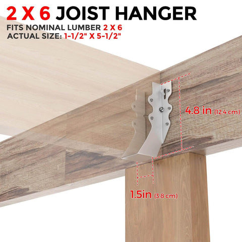 Installation of 2x6 joist hanger on wooden beam, illustrating actual size dimensions; part of 25 Pcs 2x6 Joist Hangers,20 Gauge Metal Face Mount Joist Hangers, Lu26 Joist Hanger Galvanized, Hurricane Ties for Rafter, Rafter Brackets 2x6 for Deck,Floor,Roof Overhang and Ceiling Joist designed for smooth motion and stable alignment in.