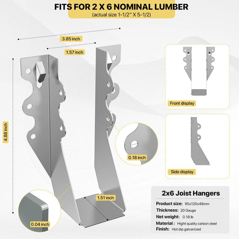 Front and side view of the 25 pcs 2x6 Joist Hanger, LU26 20 Gauge Double Shear Face Mount Joist Hanger, Hurricane Ties for Rafters Tie Brackets