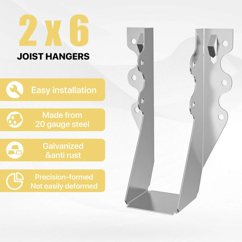 2x6 joist hanger made from 20 gauge steel; galvanized, anti-rust; designed for easy installation; smooth motion and alignment.