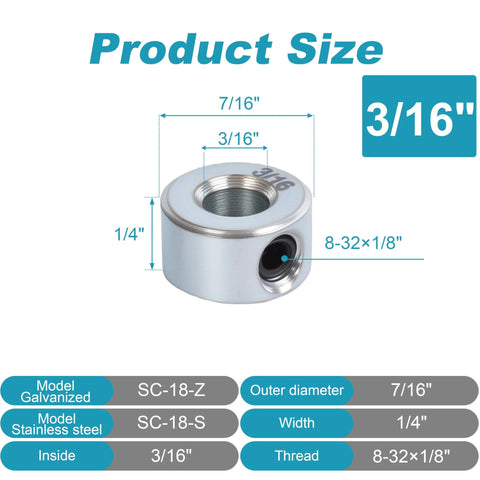 Sixteen 3/16 Bore Shaft Collars Set by Luyostik, Zinc Plated Solid Steel, 7/16 Inch OD, 1/4 Inch Width, Set Screw Type