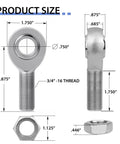 3/4 inch Heim Joint Rod End Kit size diagram with dimensions for chromoly joints, includes tube adapters, spacers, jam nuts, 2 piece set.