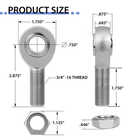 3/4 inch Heim Joint Rod End Kit size diagram with dimensions for chromoly joints, includes tube adapters, spacers, jam nuts, 2 piece set.