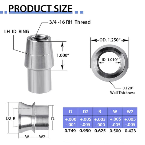 3/4 inch Heim Joint Rod End Kit size chart with chromoly joints, tube adapters, misalignment spacers, jam nuts for steering and suspension