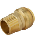 Three quarter inch brass push to connect male adapter for copper, PEX, CPVC, PE-RT pipes with disconnect clip, front view.