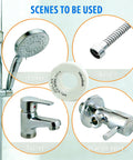 Image showing Three Quarter Inch PTFE Thread Tape for Plumbers with uses for shower, hose, faucet, and triangle valve.