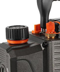 Close-up of Pro Grade 3.5 CFM Single Stage Vacuum Pump For HVAC Systems with handle, oil cap, and connections visible.