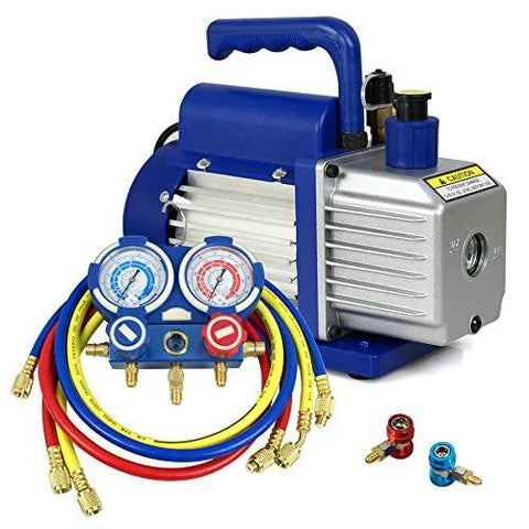 3.5 CFM Single Stage Rotary Vane Vacuum Pump For HVAC Auto AC Refrigerant Recharging With R134a AC Manifold Gauge Set Combo Pro Grade Build