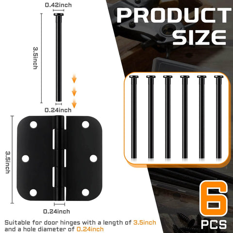 Image showing the size and details of Six Pack Three Point Five Inch Hinge Pins For Doors Stainless Steel Replacement in black finish.
