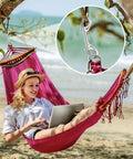 Woman relaxing in pink hammock near beach with inset of 3.5 Inch Double Ended Snap Hooks 110lbs Zinc Alloy Heavy Duty Bolt Snap Clips