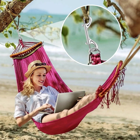 Woman relaxing in pink hammock near beach with inset of 3.5 Inch Double Ended Snap Hooks 110lbs Zinc Alloy Heavy Duty Bolt Snap Clips