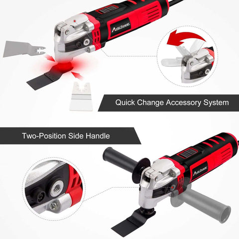 3.5 Amp Oscillating Multi Tool with 4.5 degree oscillation, quick change system, auxiliary handle, saw accessories visible