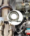 Image showing a 2 Pack 3.5 Inch Quick Release V Band Clamp With 304 Stainless Steel Male And Female Flanges For Exhaust Downpipes Intercooler Piping Charge Pipes And Intake Tubes Easy Install And Removal, depicted in various installation scenarios on automotive exhaust systems.