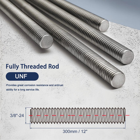 3/8-24 stainless steel fully threaded rods, 12 inch length with right hand fine thread; corrosion resistant 304 stainless steel.