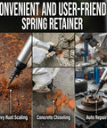 Spring Retainer For Air Hammer Chisel Gun Three Eighths Inch Replacement Part For Attachments And Bits Durable Steel Construction For Pneumatic Tools Quick Release Chuck Compatible Universal Fit shown in use for rust scaling, chipping concrete, and auto repair.