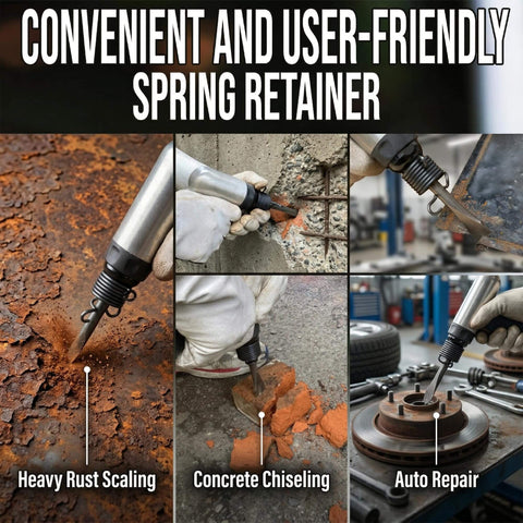 Spring Retainer For Air Hammer Chisel Gun Three Eighths Inch Replacement Part For Attachments And Bits Durable Steel Construction For Pneumatic Tools Quick Release Chuck Compatible Universal Fit shown in use for rust scaling, chipping concrete, and auto repair.
