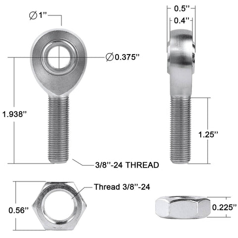 3/8 inch Heim Joint Rod End Kit diagram showing dimensions, chromoly rod ends for steering and suspension with jam nuts, heat treated, hard chrome plated.
