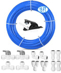 Coiled 15 ft blue Three Eighths Inch RO Water Tubing with quick connect fittings and cutter, for home RO purifier setup.