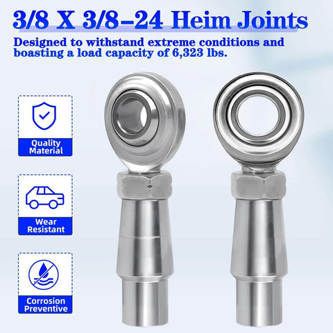 3/8 x 3/8-24 Heim Joint Rod End Kit with RH and LH Threads, Chromoly joints with bung and misalignment spacers, front view