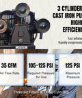 Close-up of HPDMC 13HP Gas Powered Air Compressor, 3-Cylinder, 30 Gallon Horizontal Tank, Piston Pump Air Compressed System.