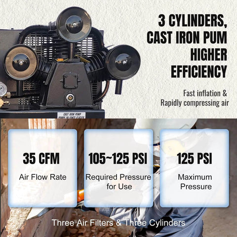 Close-up of HPDMC 13HP Gas Powered Air Compressor, 3-Cylinder, 30 Gallon Horizontal Tank, Piston Pump Air Compressed System.