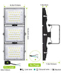 Side and front view dimensions of Ultra Bright 150W LED Outdoor Flood Light with 15000 Lumens, 6000K Daylight White, IP66 Waterproof, 3 Heads, Adjustable Pivots, Ideal For Parking Lots, Yards, Streets, Stadiums And Security Floodlight STASUN