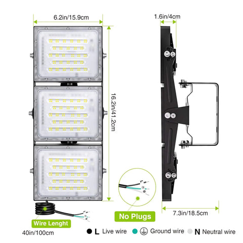 Side and front view dimensions of Ultra Bright 150W LED Outdoor Flood Light with 15000 Lumens, 6000K Daylight White, IP66 Waterproof, 3 Heads, Adjustable Pivots, Ideal For Parking Lots, Yards, Streets, Stadiums And Security Floodlight STASUN