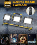 Ultra Bright 21000 Lumen 3 Head LED Work Light with Tripod Stand IP66 Waterproof, shown in rain for outdoor use.