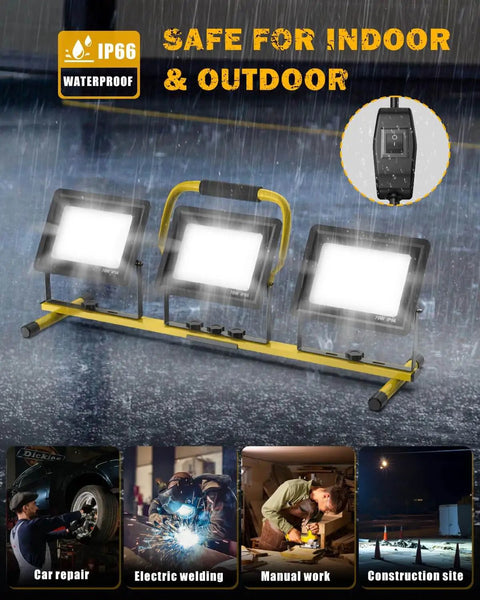 Ultra Bright 21000 Lumen 3 Head LED Work Light with Tripod Stand IP66 Waterproof, shown in rain for outdoor use.